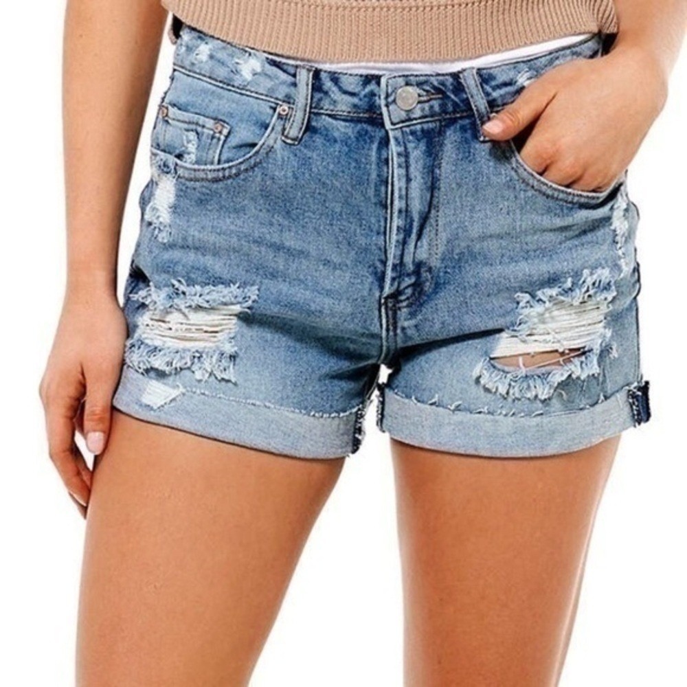 Almost Famous Y2K Distressed Denim Shorts Women Sz 13 Blue Ripped Grunge Summer